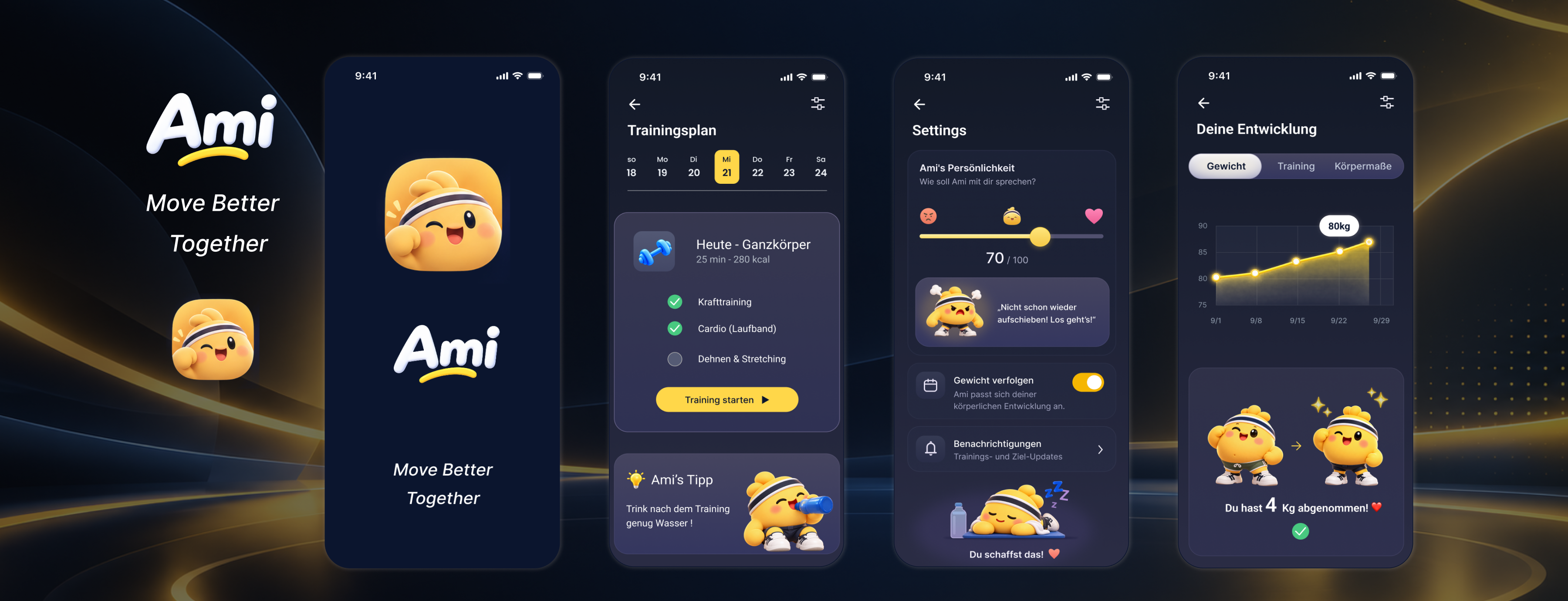 AMI fitness app concept with its mascot and app screens
