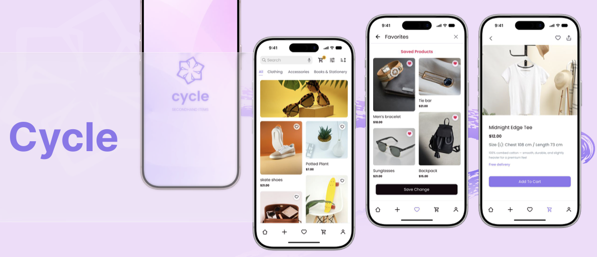 Cycle app onboarding, shopping and product detail screens
